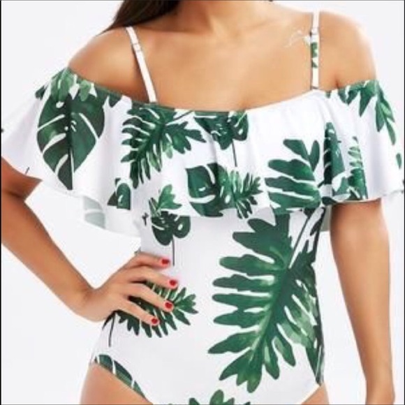 Tropical Leaf Print Ruffle Swimsuit - Picture 4 of 5
